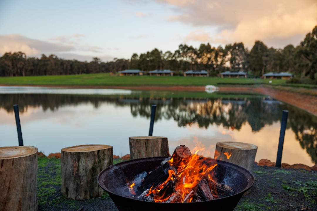 Lakeside fire at Tanah Marah perfect for groups retreats corporate getaways in Margaret River