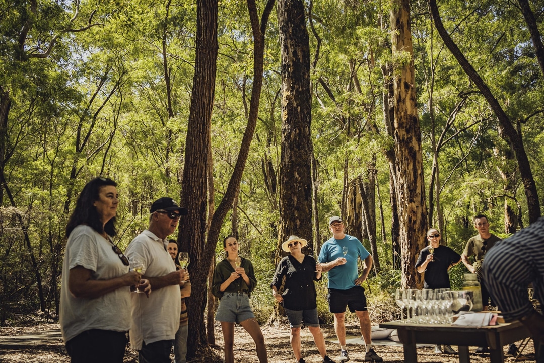 Wine tasting in the foreset at Tanah Marah perfect for groups retreats corporate getaways in Margaret River